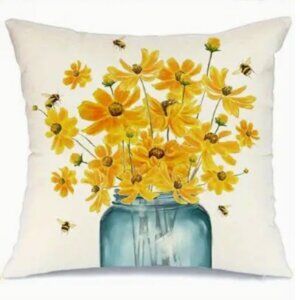 NEW DECORATIVE VIBRANT FLORAL MASON JAR BEES LINEN BLEND PILLOW COVER 18"